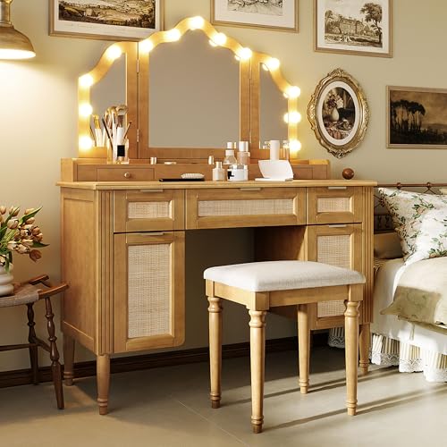 Image of JIVOIT 44.37 inch Makeup Vanity Desk with Tri-Fold Mirror, Large Vanity Table with 5 Drawers and Shelves and 2 Cabinets, Dressing Table, Easy Assembly