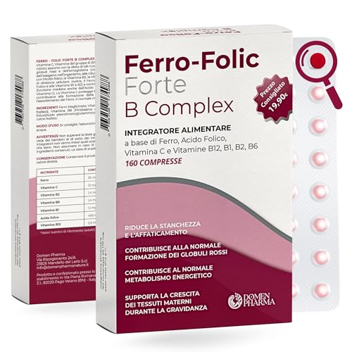 FERRO FOLIC Integratore Ferro 160 compresse ad alto dosaggio, ferro acido folico e Vitamina B12 con...