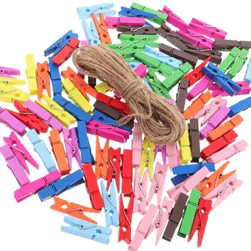 WUBAYI Lot de 100 mini pinces à linge colorées en bois – 3,5 cm de petite taille avec 10 m de ficelle de jute naturelle pour loisirs créatifs, tableau...