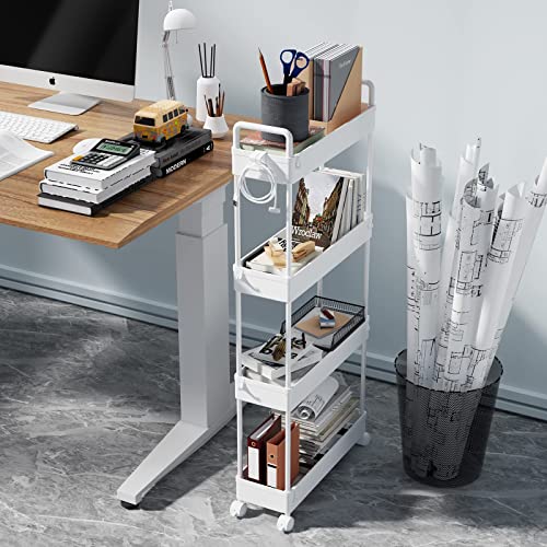 SOLEJAZZ 4-Tier Storage Trolley Cart Slide-out Slim Rolling Utility Cart Mobile Storage Shelving Organizer for Kitchen, Bathroom, Laundry Room, Bedroom, Narrow Places, Plastic, White - Image 5