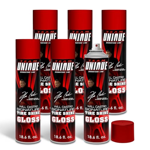 Team Unique Tire Shine Gloss – 18.6 Fl Oz (550mL) Pack of 6 | High-Gloss Formula for Ultimate Tire Shine | Protects Against Cracking and Fading | Non-Greasy, Low-Sling Spray for Easy Application
