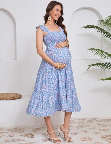 Image of KOJOOIN Womens Maternity Dress Summer Sleeveless Smocked Square Neck Ruffle Casual Boho Midi Dress Baby Shower Photoshoot
