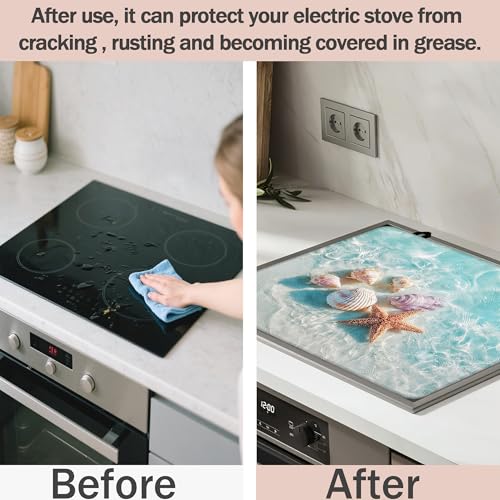 Image of Multi-Design Silicone Stove Cover for Glass /Electric Stoves - 3-in-1 Heat-Resistant Protector Mat, Non-Slip Drying Rack (Beach Sand Seashells, 28 inch L x 20 inch W)