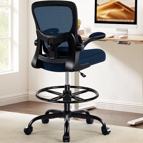 Image of AreShark Drafting Office Chair - Ergonomic Tall Office Chair with Adjustable Footrest Ring - Counter Height Adjustable Rolling Standing Desk Chair with Lumbar Support and Flip-up Armrests for Home