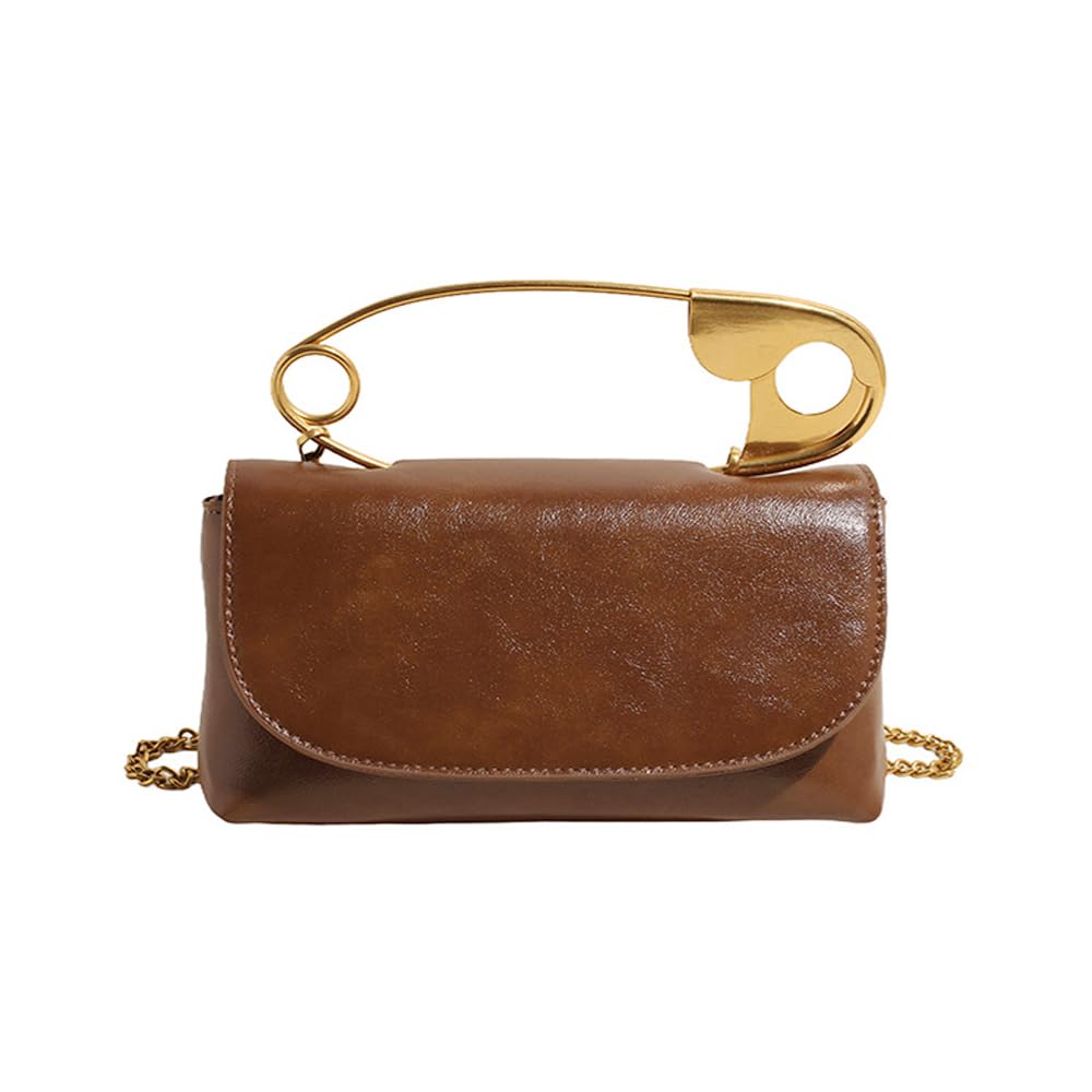Women's Unique Safety Pin Crossbody Purse Leather Clutch Bag With Gold Handles Chain
