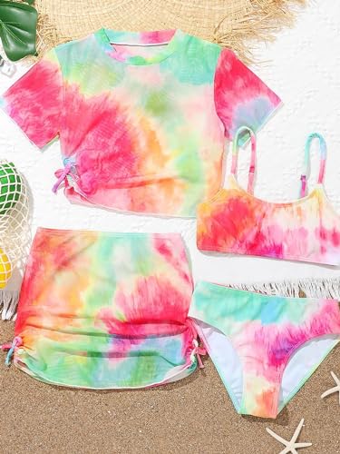 Kids Girls 4 Piece Tankini Swimsuits Bathing Suit Cute Bikini Swimwear with Cover Ups Beach Skirt Set2