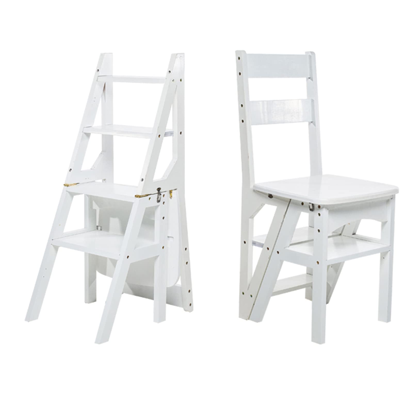 Taburete plegable de madera con 4 escalones, escalera de tijera y estante organizador