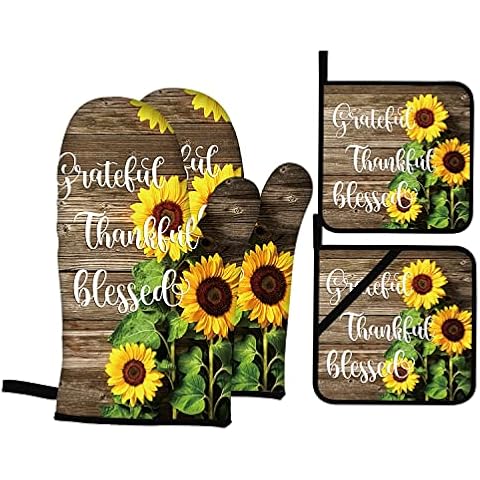 Sunflower Oven Mitts and Pot Holders 4pcs Set Wood Board Rustic Oven Mitts Summer Floral Heat-Resistant Non- Slip Oven Gloves for BBQ Baking Grilling Kitchen (Blessed) Cover