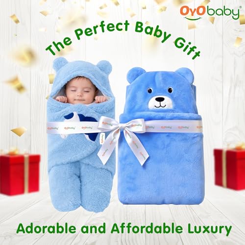 Image of OYO BABY Hooded Sleeping Bag & Baby Blanket | Newborn Blanket Combo Pack of 2 | Microfiber Fleece & Sherpa Fabric | Extra Warm & Skin Friendly | 0-12 Months | Bear & Unicorn