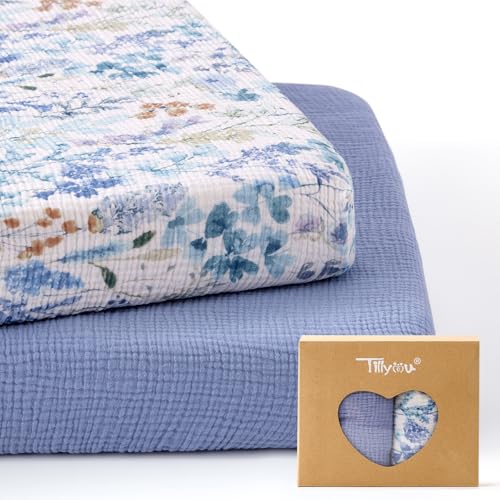 Image of TILLYOU Muslin Mini Crib Sheets 2 Pack, Pack and Play Mattress Sheets Fitted for Pack N Play, 38'' x 26'' Sheet for Toddler, Blue Flower