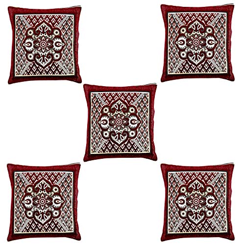 Image of Nendle Jacquard Weaved Decorative Velvet Cushion Cover /Sofa Pillow Cover Set Of 5 Pieces (Maroon, 16X16 Inches), 500 TC