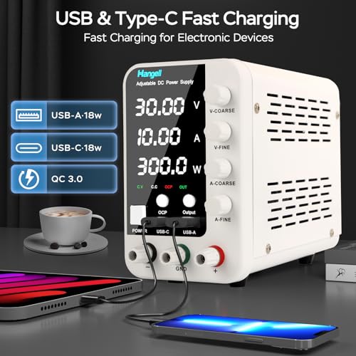Image of DC Power Supply Variable, 30V 10A Bench Power Supply with Encoder Coarse & Fine Adjustments Knob, Adjustable Switching Regulated lab Power Supplies with 18W USB & Type-C Quick-Charge