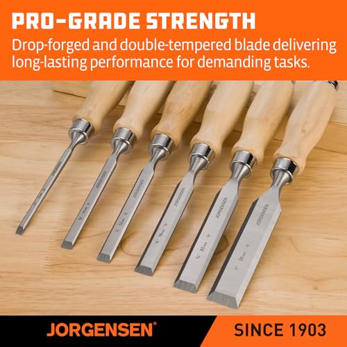 Image of Jorgensen 6-Piece Wood Chisel Set, Chromium Alloy Steel Beveled Edge Wood Chisels, Wood Chisels for Woodworking, Ergonomic Hardwood Handle with Metal Ferrule, 1 /4 inch, 3 /8 inch, 1 /2 inch, 5 /8 inch, 3 /4 inch, 1 inch