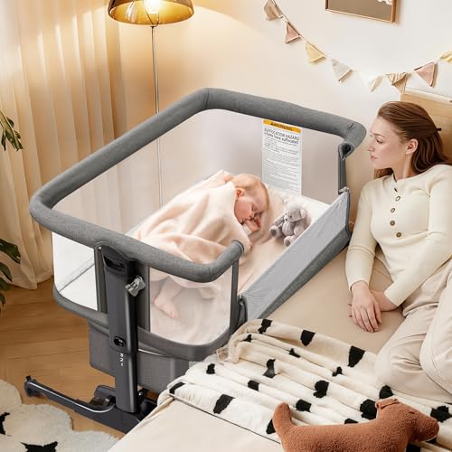 Image of CAPAKIDDO Baby Bassinet,4 in 1 Bassinet Bedside Sleeper with Rocking Mode, 6 Adjustable Height with Mosquito Net,Breathable Mesh, Storage Basket, Safety Straps, Easy Assembly & Folding