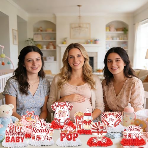Image of Ready to Soda Pop Decorations - 9 Pcs She's Ready to Soda Pop Baby Shower Honeycomb Centerpieces Decorations, Red and White Decor Supplies for Gender Reveal Baby Shower