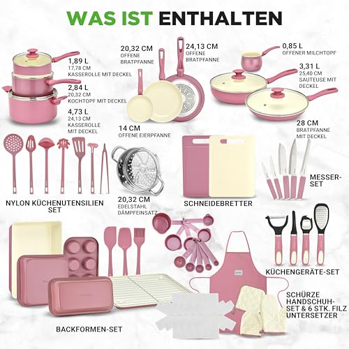 NutriChef Topfset & Pfannenset – 54-teiliges Antihaft-Kochgeschirr Blush Pink | Inkl. Küchenutensilien, Backblech, Messer | Für Induktion… – Ansicht 2