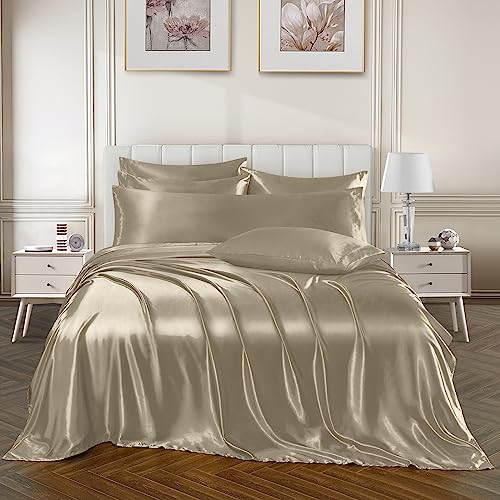 Image of Ersmak Luxury 7-Piece Silky Sand Satin Bed Sheets Set - King Size with Deep Pocket, Flat Sheet, 4 Pillowcases & Body Pillowcase