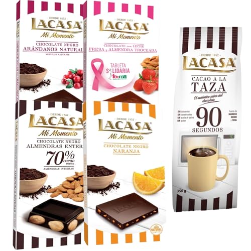 Lacasa pack 5 tabletas de chocolate: taza 90 segundos 350g, naranja, arandanos, leche fresa y almendra, almendra 200g