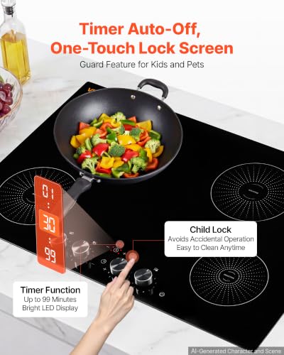 Image of VEVOR Induction Cooktop 30inch 4 Burners Built-in Electric Stove 220V 7200W, Low-Power Continuous Heating, Induction Burner for Kitchen, with 11 Power Levels, Knob Control, and Child Lock