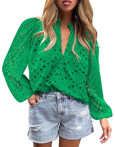 BETTE BOUTIK Women's Long Short Sleeve Tops 2025 Dressy Casual Button Hollow Out Lace Embroidered Blouses Shirts