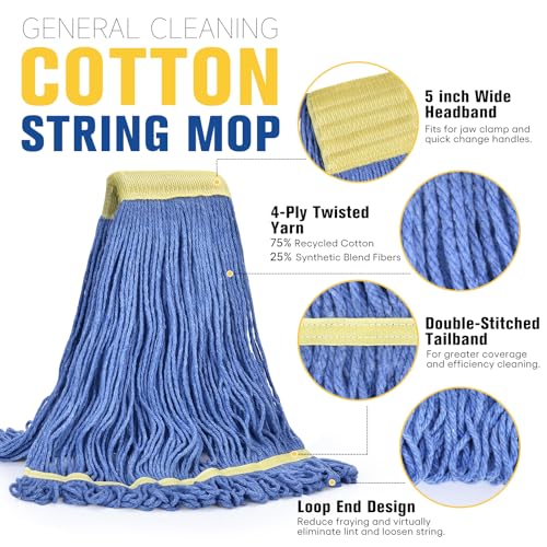 Image of Matthew Cleaning Heavy Duty Mop Head Replacement, 5 Inch Wide Headband, Color Coded Looped End Cotton String Wet Mops for Floor Cleaning, Large Size 24 oz, 8 Pack