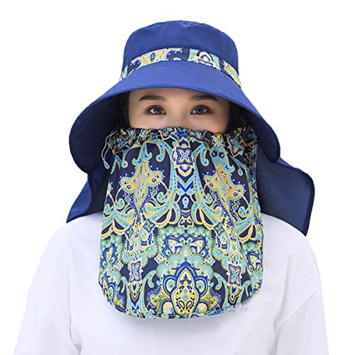 Image of Women Wide Brim Face Mask Sun Hat Detachable Neck Face Flap Ponytail UV Protection Visor Hat Garden Fishing Hiking
