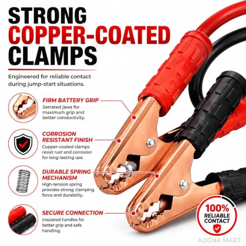 Image of Heavy Duty Car Battery Booster Cable | Copper Jumper Cables with Alligator Clamps | Emergency Jump Start for Cars, SUVs & Trucks (1000 AMP)