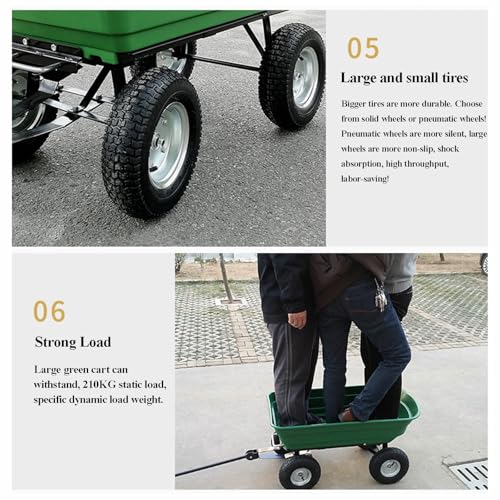 Carretilla de Jardín con 4 Ruedas Neumáticas, Estructura de Acero Resistente, Bandeja de Plástico, Mango Ergonómico para Transportar Herramientas, Plantas y Hojas miniatura 3