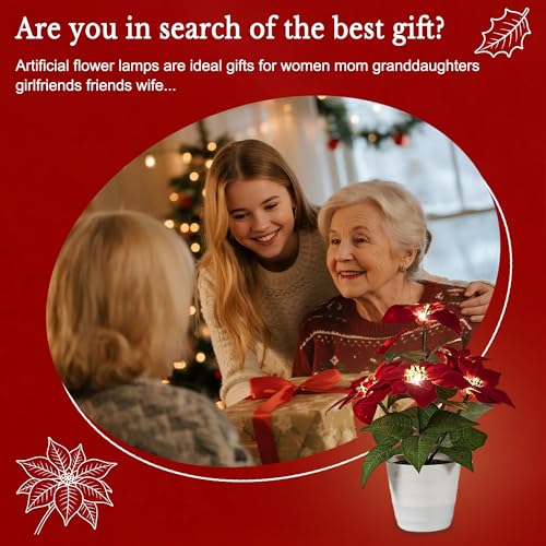 Image of Artificial Christmas Flower Lamp Night Light, Battery Powered for Christmas Bedroom Bar Coffee Shop Decor, Gifts for Women Mom Grandma Girlfriend Birthday Christmas Valentines Mothers Day
