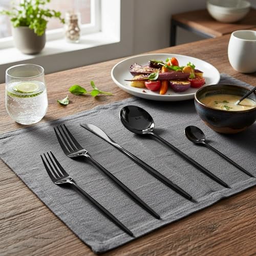 Image of 30 Pcs Black Cutlery Set for Dining Table the Perfect Lightweight Silim Handle Tableware Including Dinner Spoon, Dinner Fork, Dinner Knife, Dessert Spoon & Dessert Fork