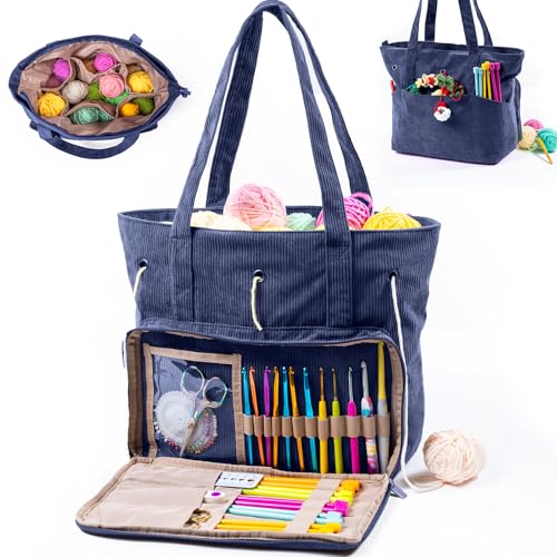 Image of MYBAGZING Large Yarn Tote Organizer - Corduroy Knitting Storage Holder for Yarn, Hooks & Accessories, Portable Craft Carryall for Crocheting Lovers, Mother's Day Gift