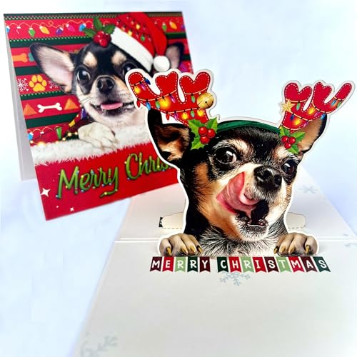 Tarjeta desplegable de Navidad de chihuahua negro, tarjeta de felicitación 3D con adorable perro chihuahua con cuernos de reno festivos, perfecta para los amantes de los perros, tarjeta de regalo de
