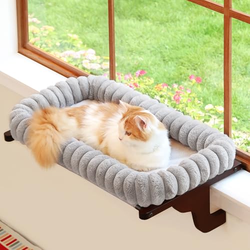 Image of Zakkart SnugCloud Cat Window Perch with 4-Sided Bolster - Orthopedic Cat Hammock for Window Sill - Solid Hardwood & Metal Frame - Window Seat for Pets (Dark Stained Wood w /Gray Bed, Medium)
