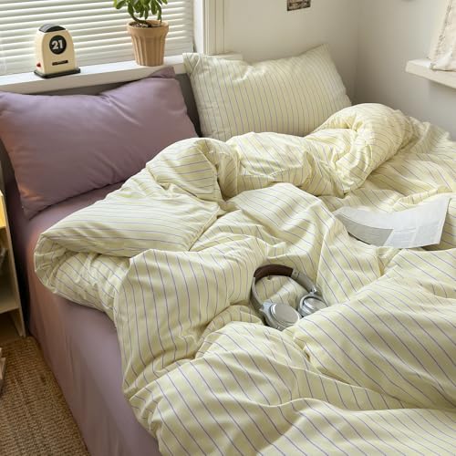 Image of EAVD Retro Striped Duvet Cover Set King Pastel Yellow&Lavender 3-Piece | Premium Washed Microfiber, Aesthetic Stripes Comforter Cover with Zipper Closure, 2 Pillowcases, Vintage Bedding, Corner Ties