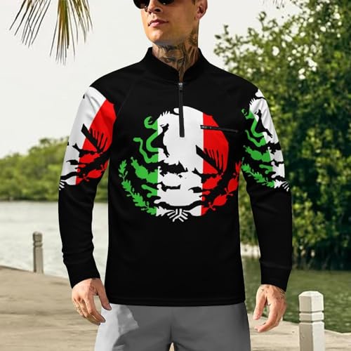 Mexico Coat of Arms with Flag Men's Rash Guard Long Sleeves Quick Dry Fishing Workout Shirts with Zipper2