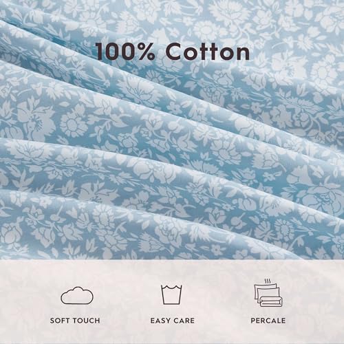 Image of Laura Ashley - Queen Size Sheet Set, Crisp & Lightweight Cotton Percale Bedding with Fitted Sheet and Pillowcases, Floral Room Decor, Deep Pocket, College Dorm Room Essentials (Heirloom Ditzy Blue)