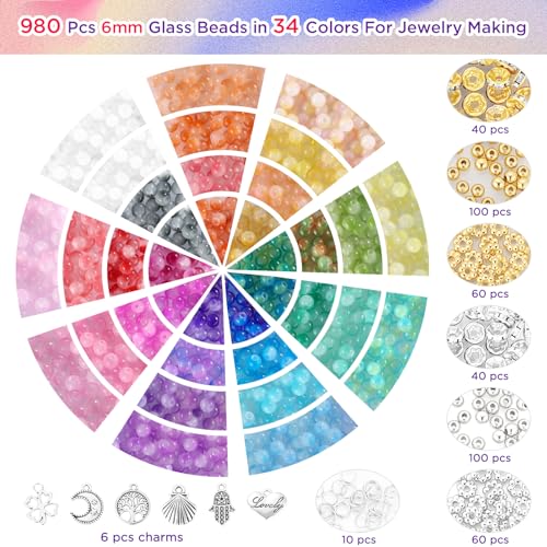 Image of Funtopia 6mm Glass Beads Bracelet Making Kit, 1396pcs Gradient Glass Beads | 34 Colors Crystal Round Beads for Jewelry Making Bracelets DIY Crafts with Spacer Beads and Charms