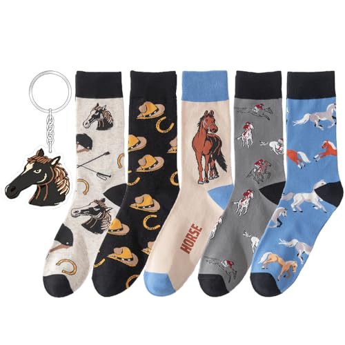 Image of 5 Pairs Cute Animal Crew Socks Fun Casual Cotton Calf Socks for Women (US, Alpha, One Size, Regular, Regular, Horse)