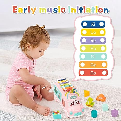 Image of PLUSPOINT Activity Bus Toy for Baby Pull Along School Bus Xylophone Toy for Toddlers Musical Bus Toys Shape Puzzles Knocking Xylophone Educational Musical Toys,Birthday Gifts for Kids,Multicolor