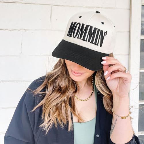 Image of Mommin Trucker Hat for Women, Vintage Two-Tone mom hat with Mommin 3D Embroidery, New Mom Gifts Mothers Day Outfits