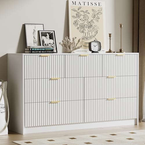 Image of Furniway White 7 Drawer Dresser for Bedroom, 55.1 inch Wide Fluted Wood Dresser