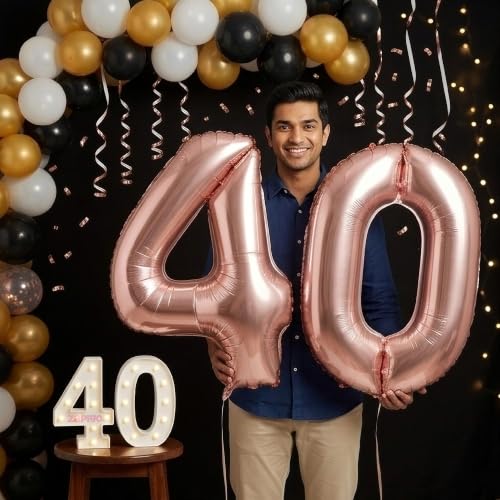 Image of Balloonistics Rose Gold 40-Inch Foil Number 40 Balloon with Matching LED Marquee Light - Combo Set for 40th Birthday, Anniversary, Party Decoration, Photo Booth Backdrop, Cake Table Decor