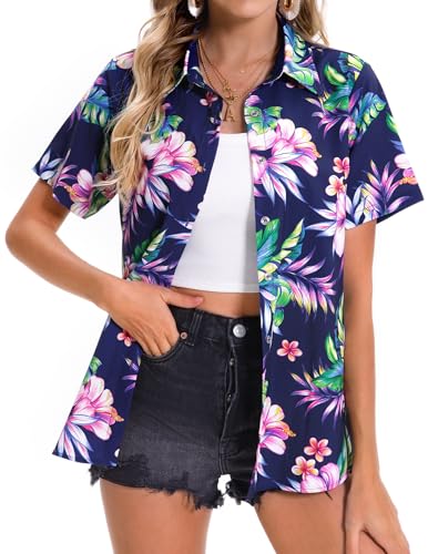 Womens Hawaiian Shirt Soft Cool Summer Hawaii Shirts Floral Tropic Print V Neck T-Shirt Short Sleeve Button Up Tops