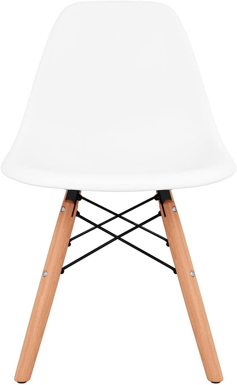 Pemberly Row Kids Playroom Chair, 21.75" Plastic and Wood, White Finish, Ergonomic Curved Back, Sturdy Wire Metal Base, Modern Design for Coloring, Drawing, and Snacks