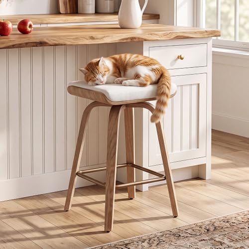 Image of HNY 26 inch Swivel Bar Stool Set of 1, Backless Counter Height Bar Stools with Removable Linen Cushion, 360 Swivel Wooden Saddle Stools with Footrest for Kitchen Island, Home Bar & Small Spaces