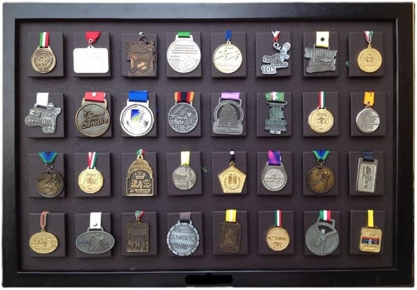 Medal Display 32 Medals (Dark Brown), Marathon, Triathlon, Gymnastics, Soccer, Wrestling, Swimming, Track and Field, Martial Arts. Easy to Install, Beautifully Crafted.