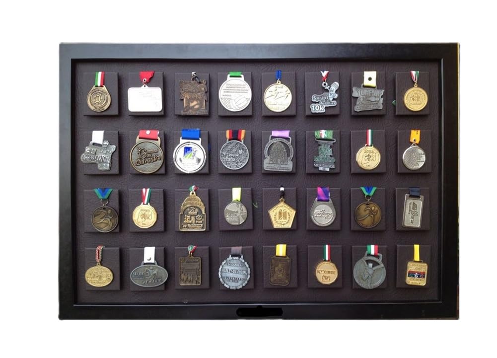 UMDISPLAY Medal Display 32 Medals (Dark Brown), Marathon, Triathlon, Gymnastics, Soccer, Wrestling, Swimming, Track and Field, Martial Arts. Easy to Install, Beautifully Crafted.