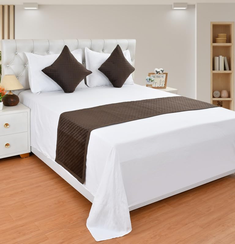 MAYSHA CREATIONS 200TC Solid Quilted Velvet Bed Runner Scarf with Matching Cushion Covers Bed Decorative Set for Bedrooms/Hotel/Guest Rooms (Brown)