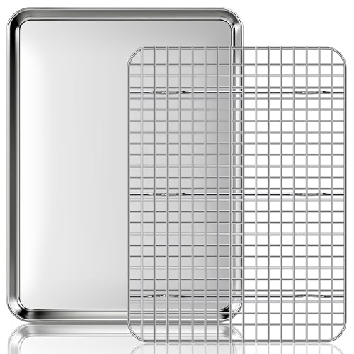 Fire More Backblech mit Abkühlgitter, Edelstahl Backrahmen Rechteckig, 40,5 x 30,5 x 2,5cm, Kuchenplatte mit deckel, Spülmaschinenfest, für Backen Braten Servieren