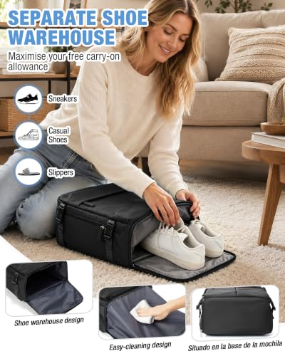 Image of suradar Travel Backpack for Women & Men,Airline Approved Carry On Backpack for Traveling Personal Item Bag Laptop Backpack with Shoe Compartment, Business Causal Weekender College Gym Backpack,Black